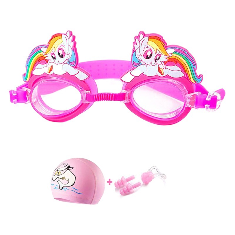 Children's Swimming Goggles Equipment Three-Piece Set Pu Swimming Cap Earplugs Nose Clip Kidsren's Cartoon Anti-Fog Waterproof Swimming Goggles Set