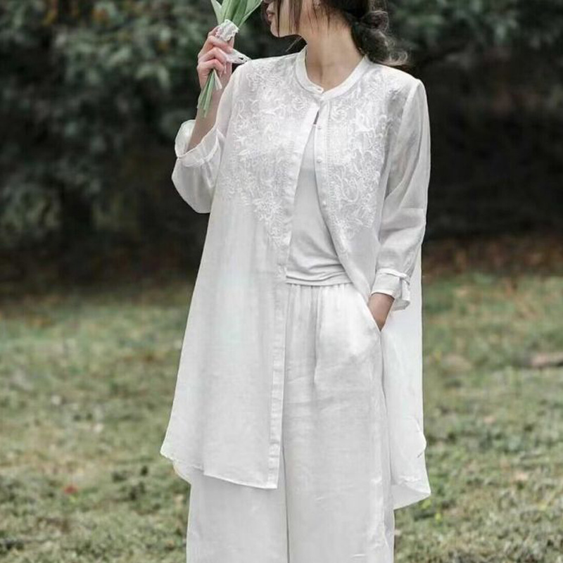 Picture of Women's Retro Embroidered Cotton and Linen Cardigan Long 2024 Summer Elegant Sun Protection Clothing Air-conditioning Shirt Casual Style Jacket