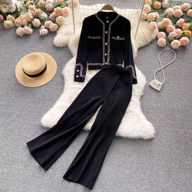 Picture of Light mature style knitted suit women's autumn New Design single-breasted Cardigan high waist slimming wide leg pants two-piece set
