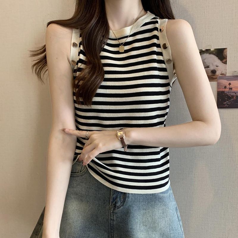 Picture of 2025 New Summer Style Slimming Inner Design Ice Silk T-Shirt Sleeveless Bottoming Stripesd Camisole for Women