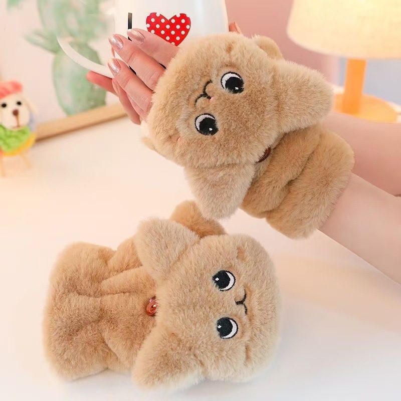 Picture of Gloves for Women in Winter Korean Style Cute Student fleece-lined Thickened Flip-on Cycling Cold-proof Warm Plush Gloves for Men and Women in Winter