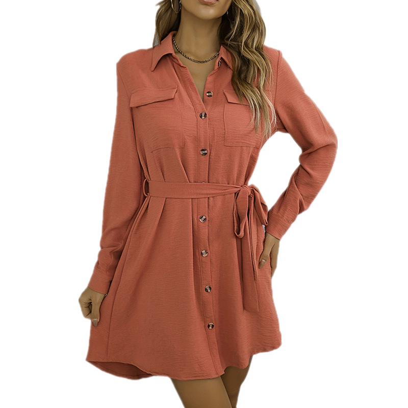 Amazon TEMU autumn new fashion elegant European and American women's lapel solid color lace shirt dress