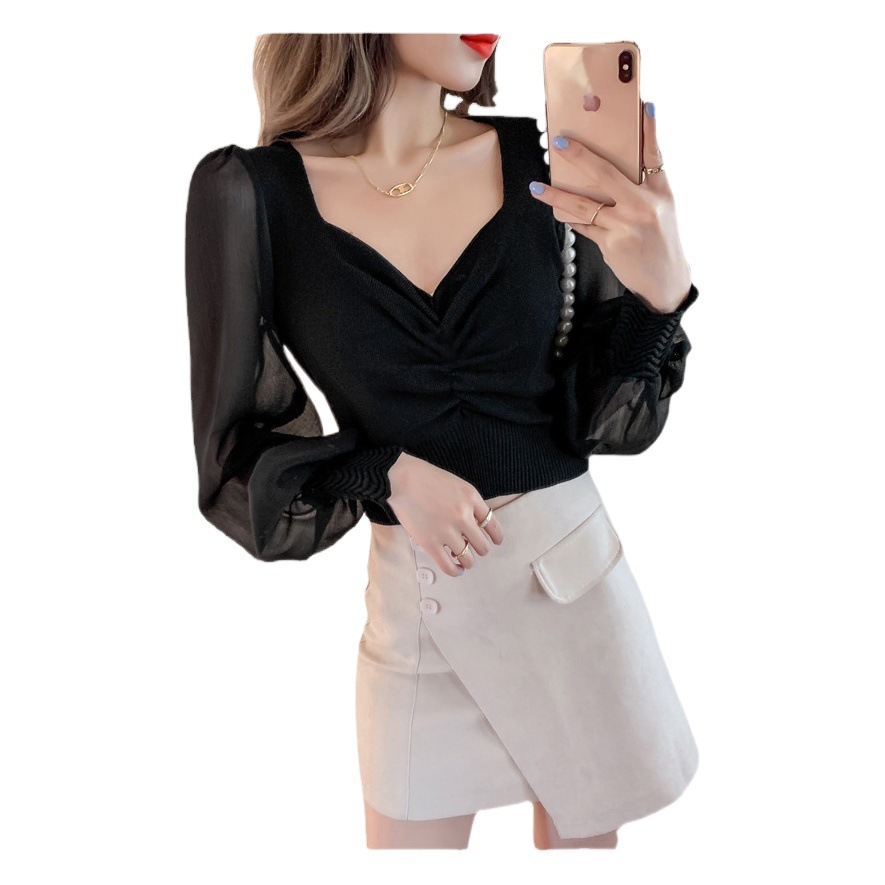 Autumn Design Niche Mesh Long-sleeved Splicing Knitted Bottoming Shirt Women's French Square Collar Short Top