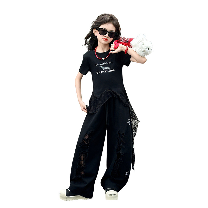 Picture of Girls' Summer Hole Sports suit Western Style 2025 New Casual Girls' Top Wide Leg Pants Two-Piece Trendy