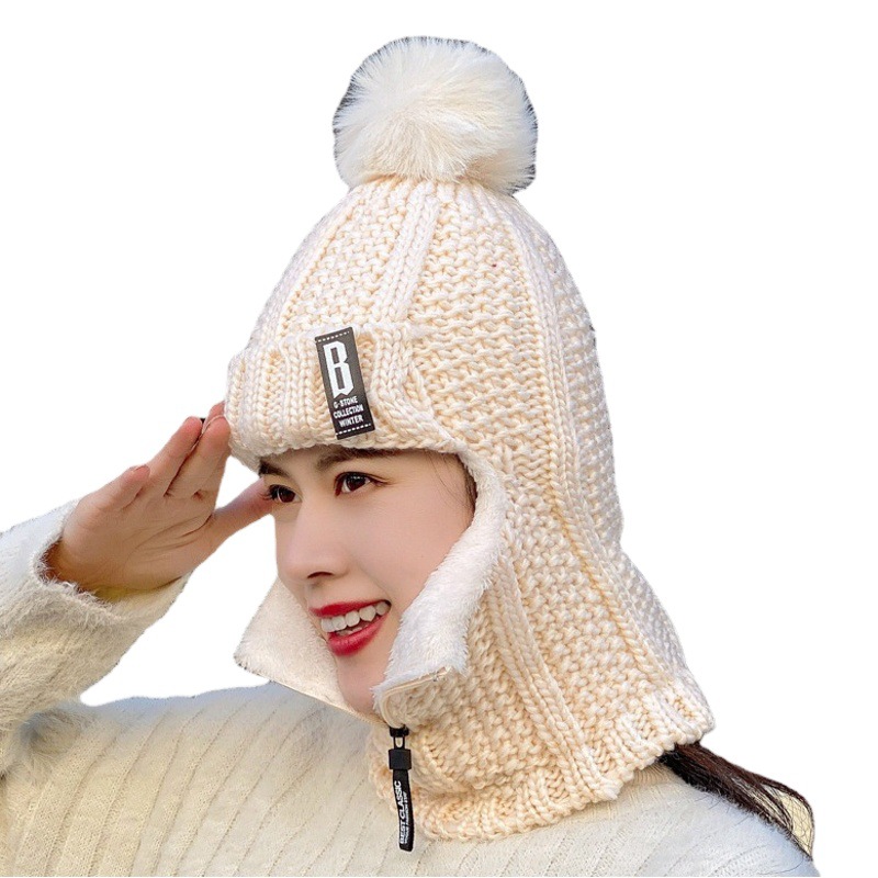New Winter Women's Knitted Korean-style Fleece Pullover Ear Protection Cap Women's Cycling Wool Zipper Neck Warm Hat