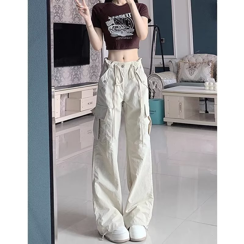 Plus size chubby girl American style apricot quick-drying overalls women's high waist Autumn New loose slimming casual wide-leg pants