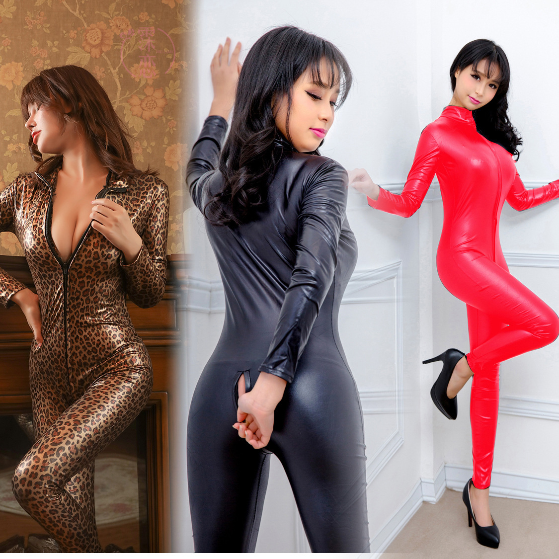 Picture of Sexy One-Piece Uniform, Extra Long Zipper, Open Crotch, Breast-Exposing Uniform, Tempting Patent Leather Tight Leather Jacket, Workplace Role Play