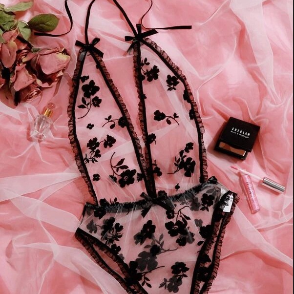 Sexy Lingerie New Perspective Mesh Lace Embroidered Black Sling One-piece Sleepwear