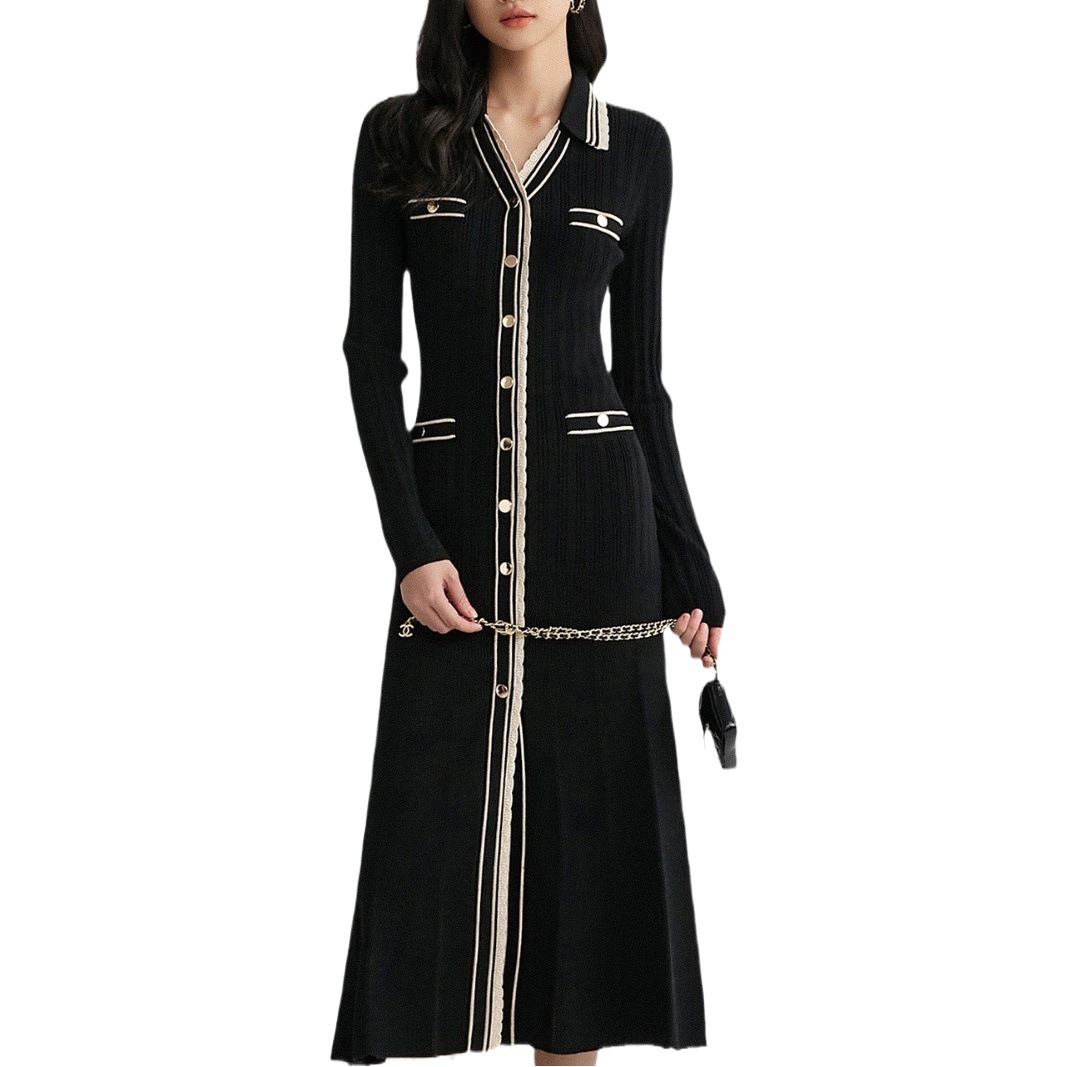 Cross-border Autumn and Winter Long-sleeved Black Knitted Dress High-class Socialite Chanel dress POLO Collar Contrast Color Striped Long Dress