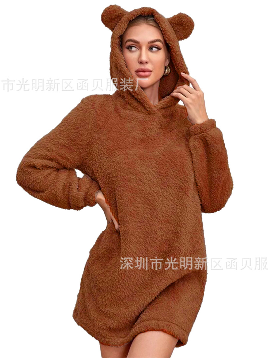Picture of European and American Cross-border Amazon 2024 Autumn and Winter New Ear Hooded Loose Plush Long Sleeve Women's Wei Skirt Coat