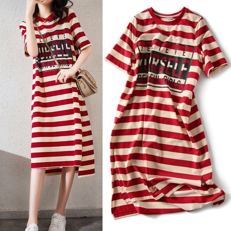 Picture of Maternity clothing summer loose slimming striped printed t-shirt dress Korean style mid-length maternity dress summer clothing