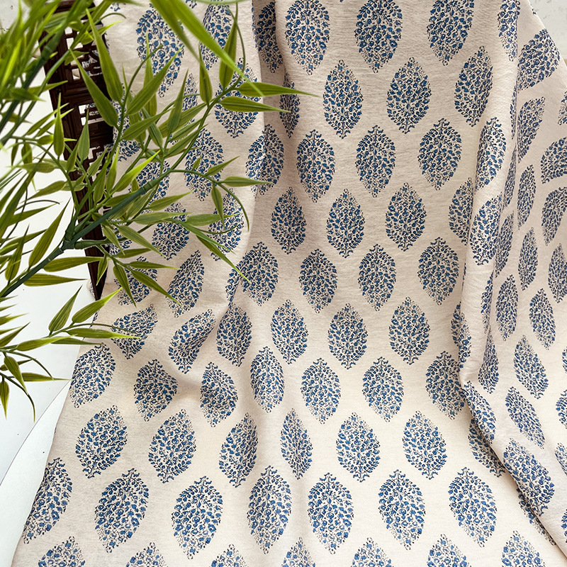 Blue leaf crest, national style digital printed fabric, brocade cotton fabric, cheongsam dress, top, Hanfu handmade fabric