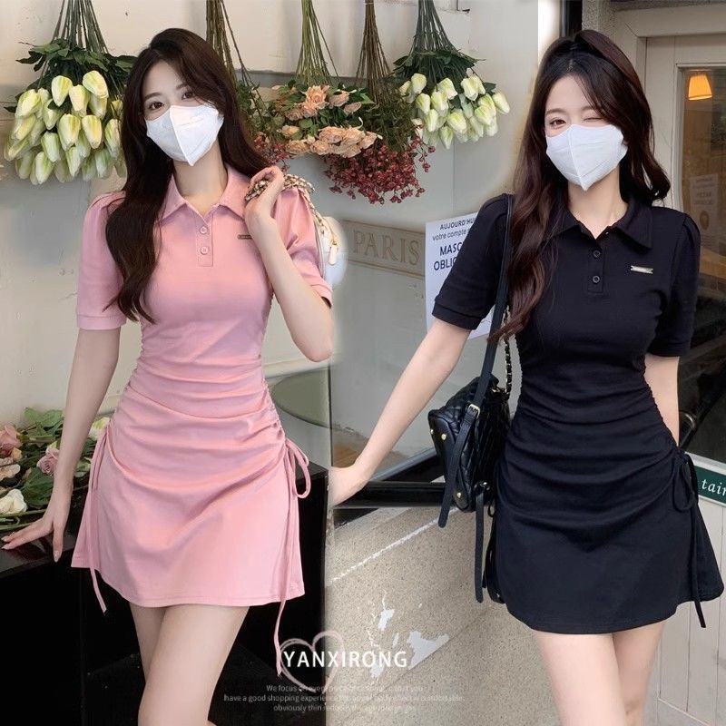 Pink Girl Small Clear Design Drawstring Polo Neck Slim dress Pure Desire Spice Girl Slim Dress