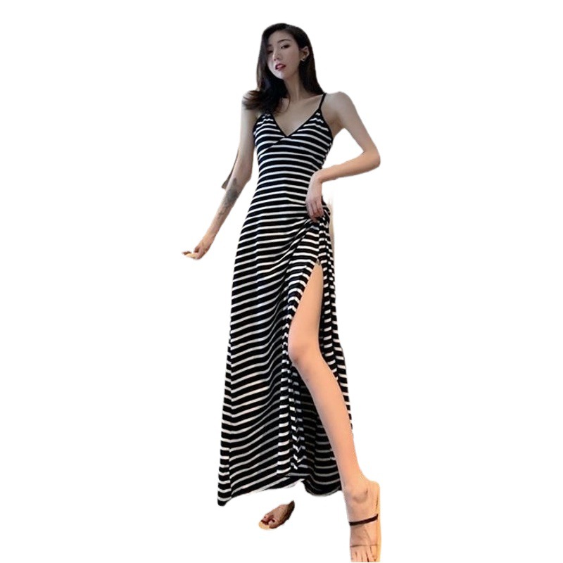 New Suspbottomer Little Black Dress Sexy and Gentle V-Neck Bottoming Retro Long Side Slit Black Dress for Women