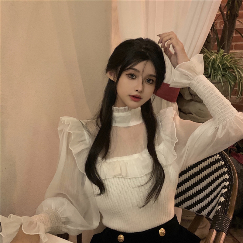 Bow lace-up shirt 2023 autumn and winter new front and rear wear design sense niche ruffled long sleeve shirt for women