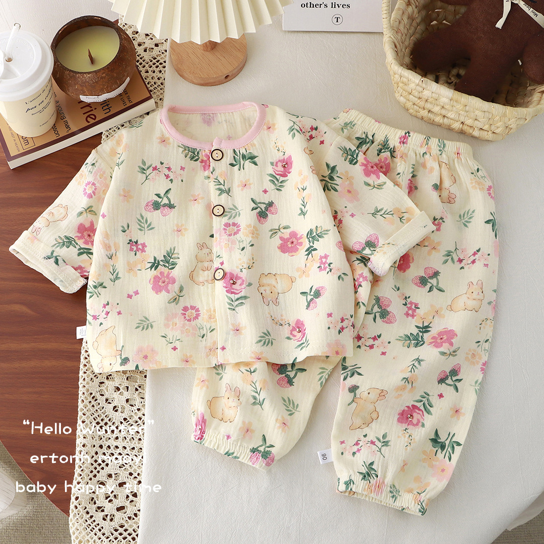 Picture of New Kidsren's Thin Double-Layer Pure Cotton Gauze Pajamas Summer Baby Home Clothes Boys and Girls Long-Sleeved Spring & Fall Suits