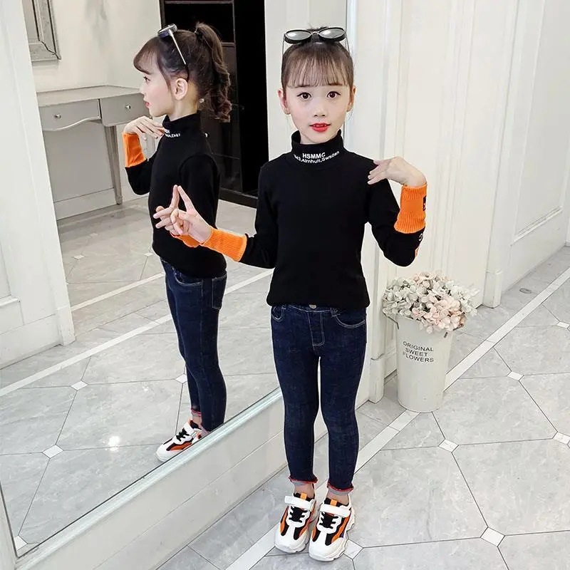 Girls' Velvet Base Shirt New Children's Autumn and Winter Half High Collar Warm Top Primary School Students' Base Shirt Outer Wear T-shirt