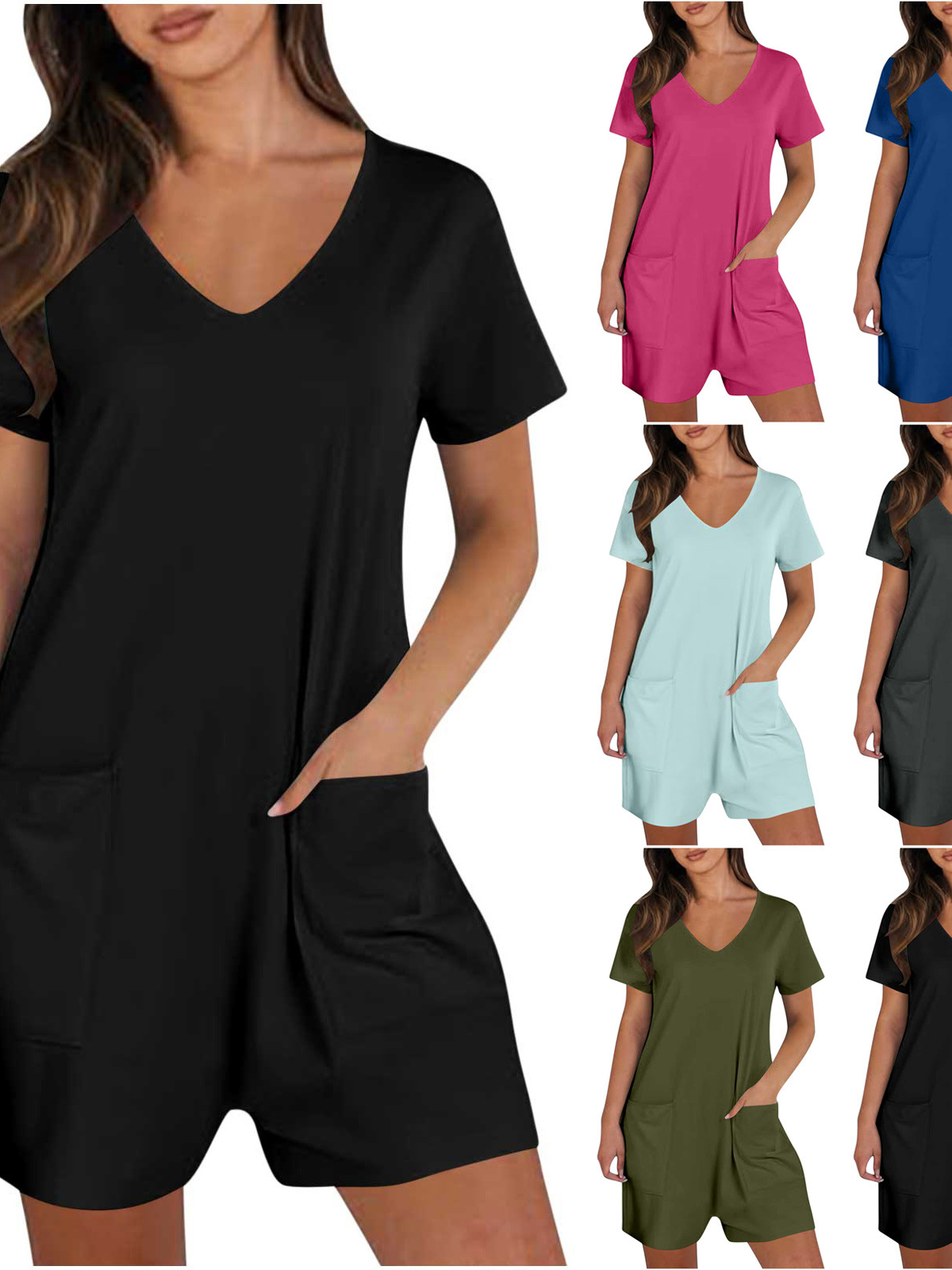 2024 New Solid Color Back Button Design Double Pocket Short Sleeve Comfortable Casual Pants