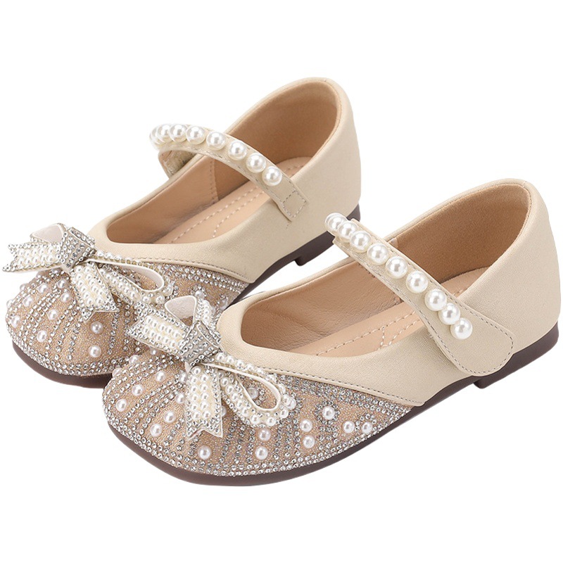Small Leather Shoes for Girls Summer 2025 Kidsren's Pearl Bow Little Girl Soft Bottom Baby Crystal Princess Shoes