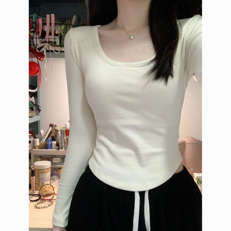 Design Gande Velvet Square Collar Long-sleeved T-shirt Women's Spring Autumn and Winter Inner Base Shirt for Niche Spice Girls Slim-fit Slimming Top