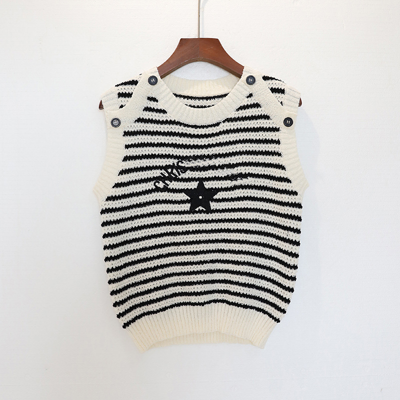Celebrity Style Contrasting Color Stripesd Five-Pointed Star Letter Embroidered Round Neck Vest Knitwear Women's Spring and Summer Versatile Top