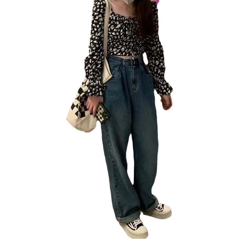 Blue Wide Leg Jeans Women's Autumn Retro Pants Loose Straight Leg Pants Design Sense High Waist Slimming Trousers