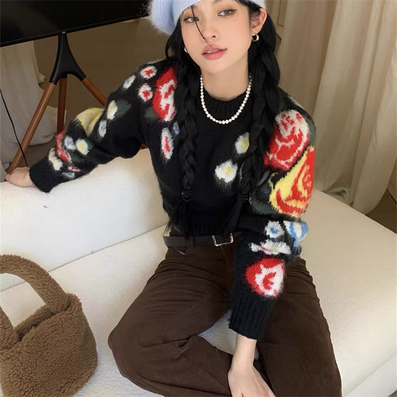 23 autumn and winter miaojia with sweet and fresh literary flowers and maohair pullover round neck sweater top