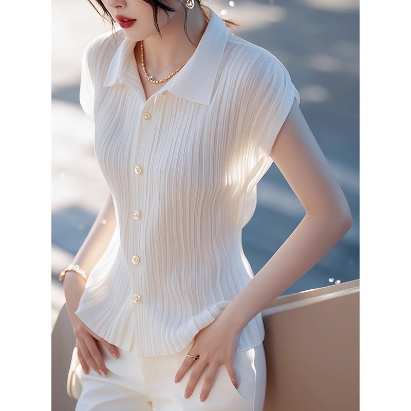 Picture of 2025 New Arrival White Short-Sleeved Shirt Women's Summer Thin Korean Style Chic Chic Pretty Shirt Pleated Top