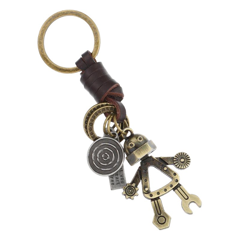 Korean style popular vintage woven cowhide keychain simple personality cute robot pendant car key pendant