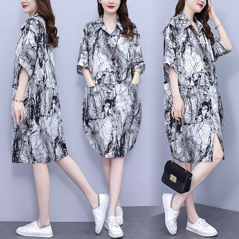 2025 Summer New plus size Women's Fat MMPOLO Collar Loose Flesh Covering Slimming Casual Mid-Length Shirt dress
