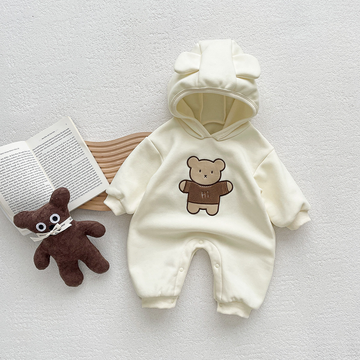 Picture of ins Korean style baby autumn and winter fleece-lined warm long-sleeved jumpsuit children's super cute cartoon bear hooded romper