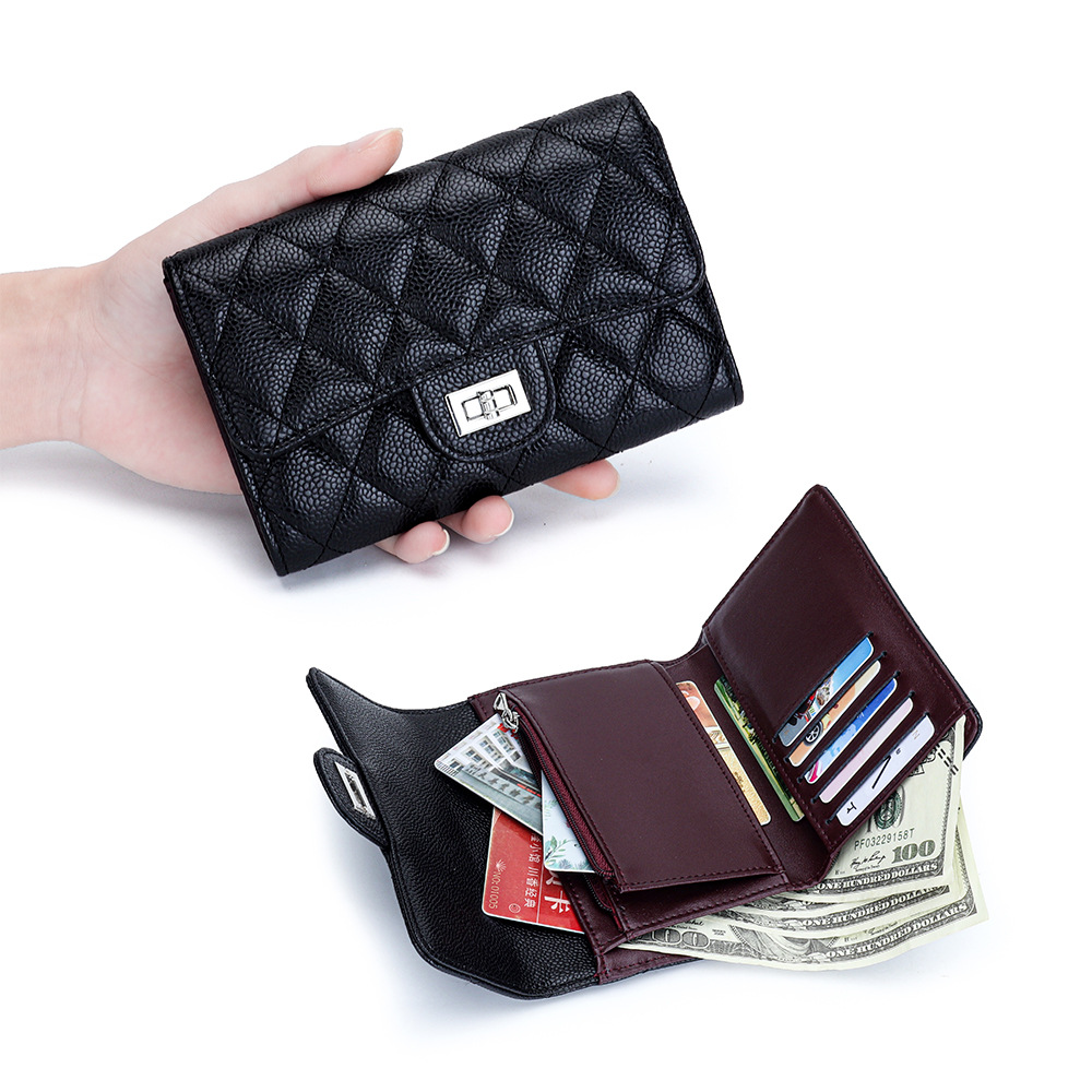 Genuine Leather Short Light Luxury Small Wallet Women's 2025 New Folding Tri-fold Kraft Caviar Short Wallet Multi Card Slot