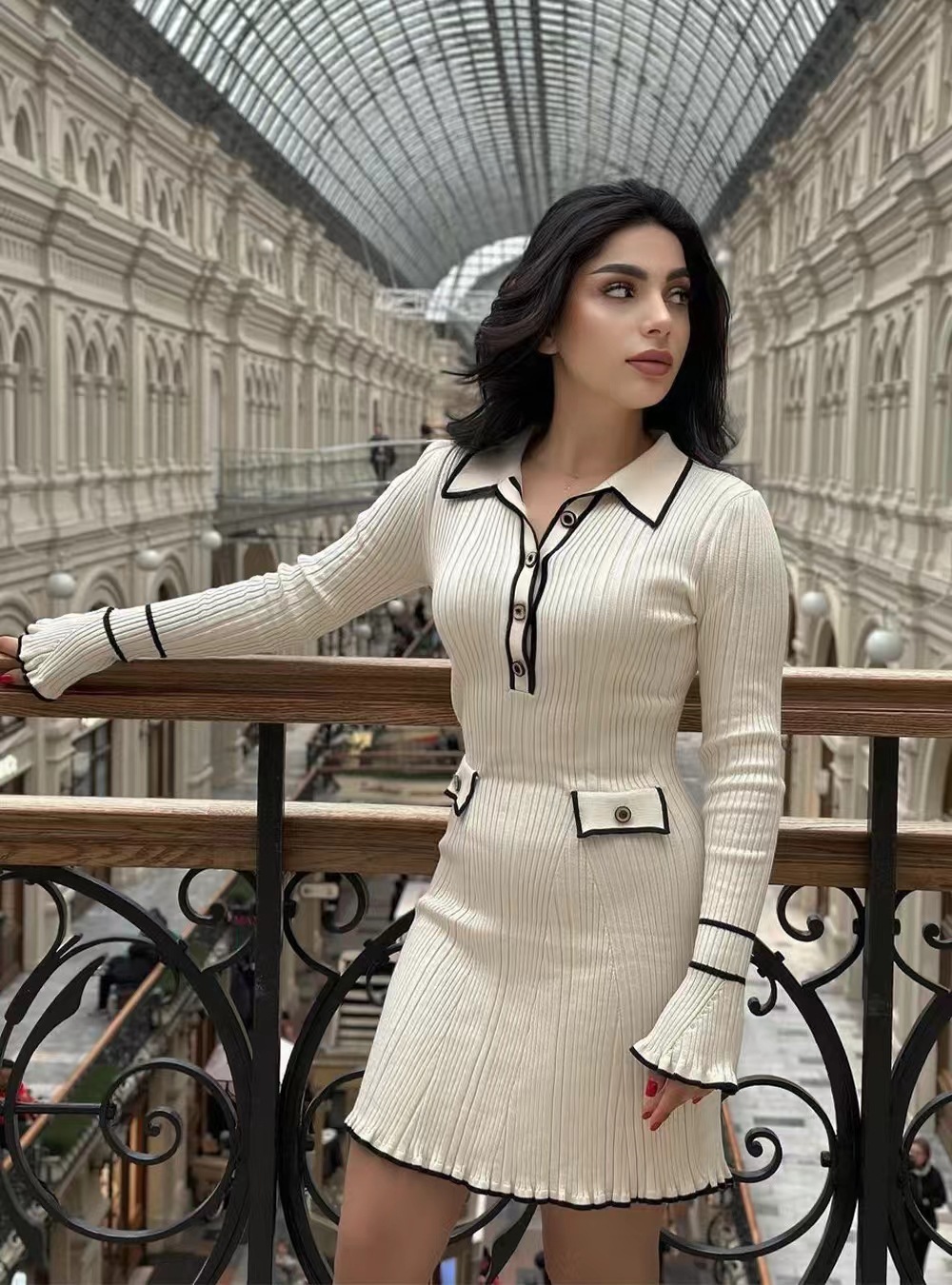 European and American Clothing Autumn and Winter French Splicing Small Fragrant Style Long-Sleeved Lapel Button-Down Knitted Dress Short Style