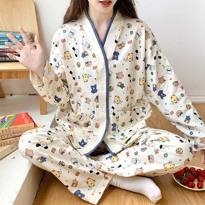 ins cute cartoon pajamas women's spring and autumn cardigan long sleeve outerwear student autumn and winter cardigan suit homewear