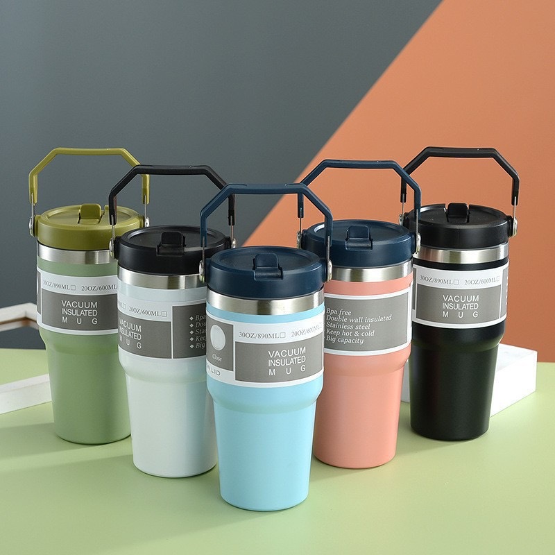304 Stainless Steel Double-Layer Satchel Cup 30oz Double Drinking Straw Ice Cup Large Capacity Cold Insulated Water Cup