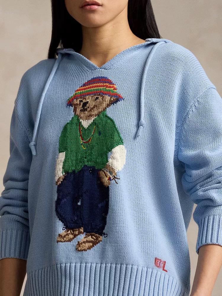 R~L 24 Autumn and Winter Women's American Age-Reducing Classic Bear Embroider Pure Cotton Loose Versatile Hooded Knitwear