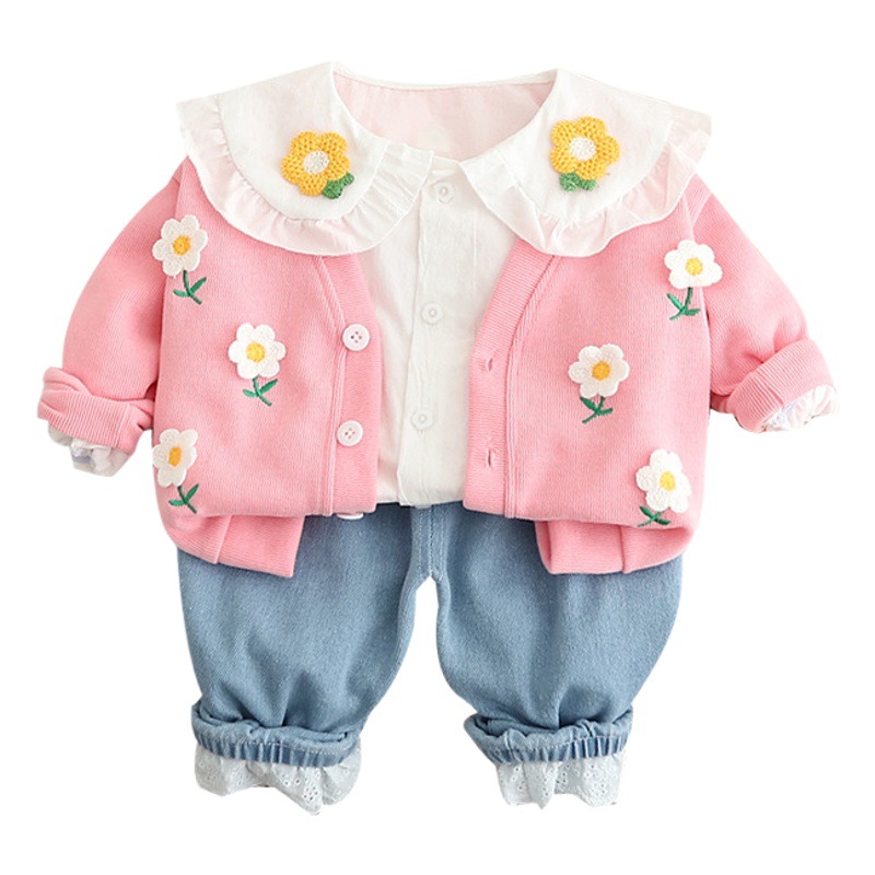 Girls' autumn clothing suit 2023 new Korean style children's clothing autumn children's clothes long sleeve cardigan jeans three-piece set