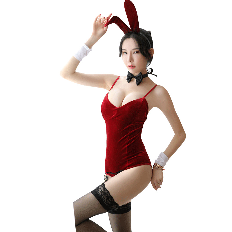 Picture of New sexy lingerie bunny sexy jumpsuit with chest pad and garter belt open file uniform temptation suit for hair