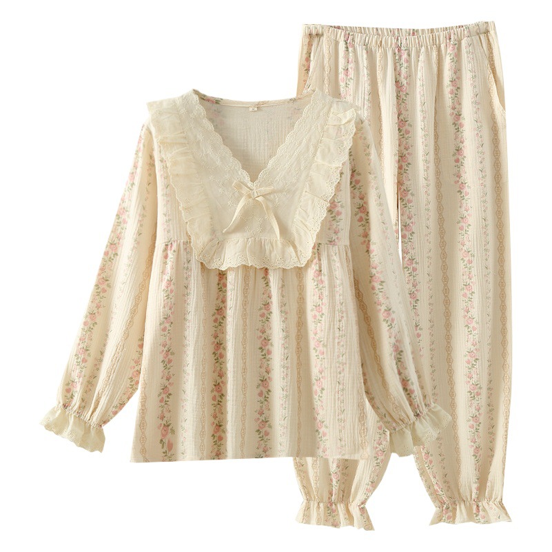 Gentle women's floral cotton cotton yarn loose double-layer gauze home wear pajamas suit autumn long sleeve home wear