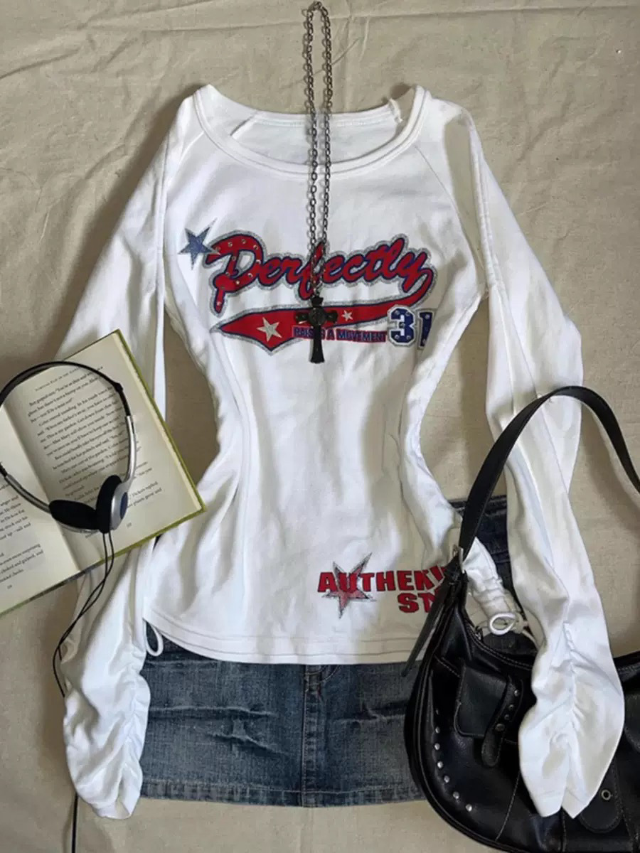 2025 New Spring Long Sleeve Round Neck T-shirt All-match Drawstring Tight Waist Design Sense Niche Fashion Top Women's Trend