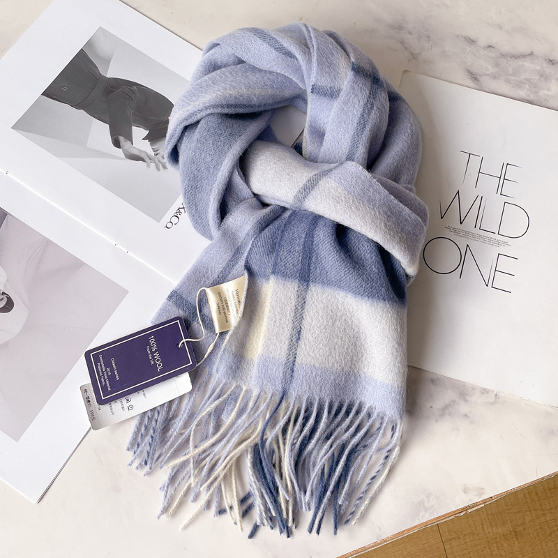 100% Pure Wool Scarf Men's Winter dark blue Plaid Cashmere Scarf High-end Boyfriend Dad Elder