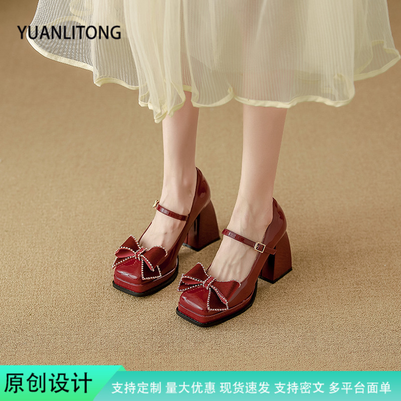 Chanel Style High Heel Mary Jane Shoes Lace Bow Shoes Autumn and Winter New Shallow Mouth Women's Shoes Small Height