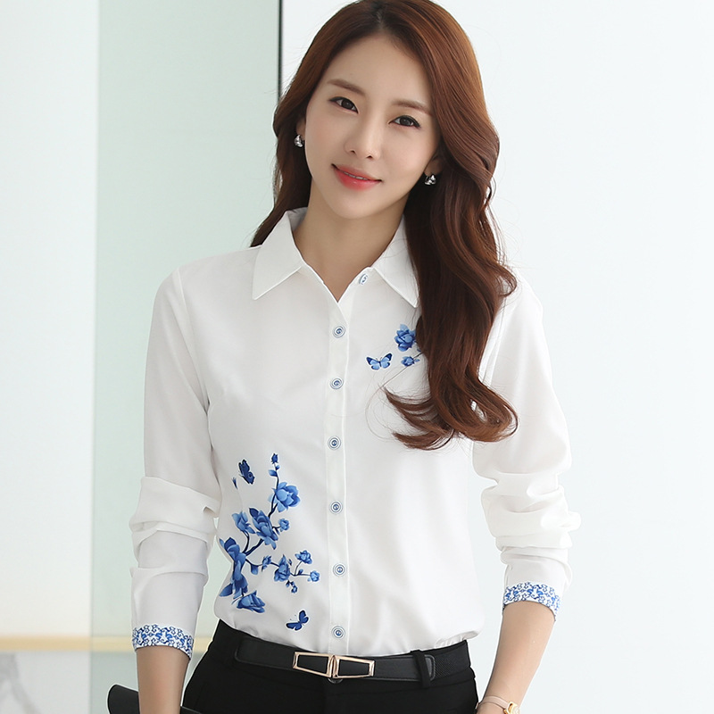 2025 New Spring and Autumn Chiffon Shirt Women's Long-sleeved Stylish Fashion Top Early Spring Printed Shirt Small Shirt White