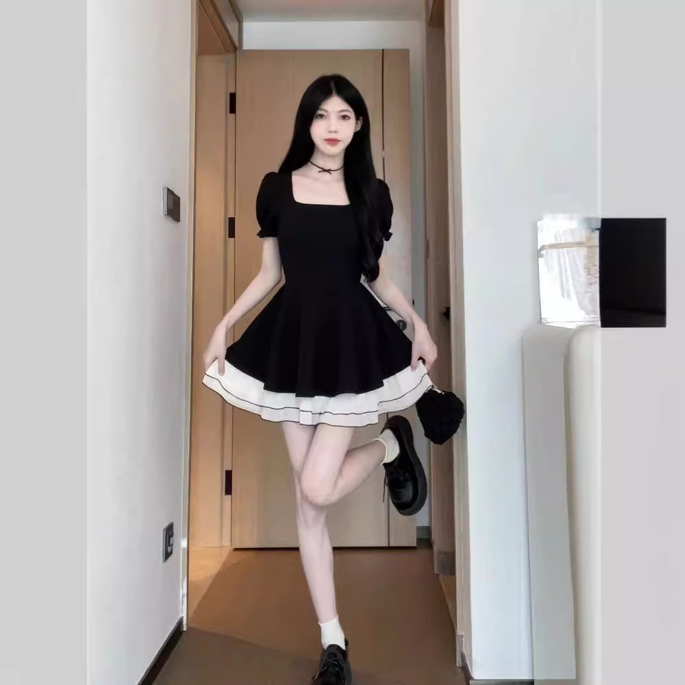French Hepburn Style Summer New Black Swan Color-Blocking Short-Sleeve Dress Little Black Dress Slimming A-Line Dress