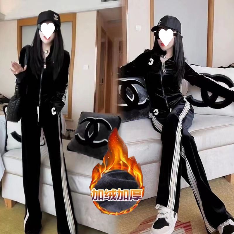 Sports suit fleece-lined thickened gold velvet casual sports suit women's autumn and winter New Fashion wide-leg pants two-piece set