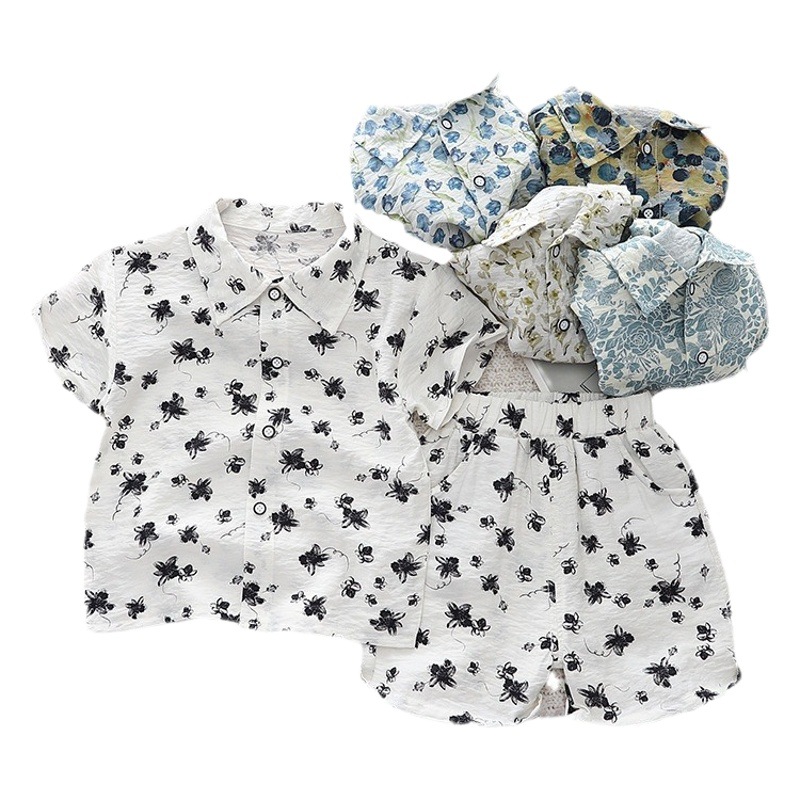 Foreign trade new summer boys shirt full-body printed short sleeve casual cotton pants two-piece set manufacturers wholesale