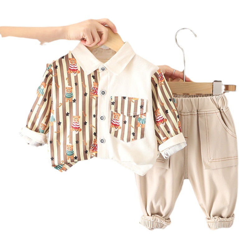 Baby Spring New Style Vertical Lapel Korean Kidsren's Clothing Long Clothes Autum Style Boys Cartoon Shirt Set Two-Piece Set