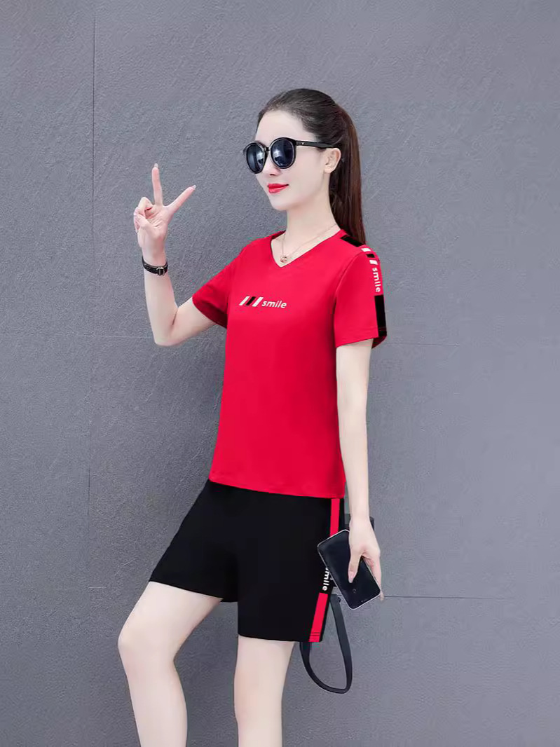 Summer Women's Short-sleeved Shorts Loose Sports suit 95 Cotton V-neck T-shirt Shorts Fashion Casual Short-sleeved suit