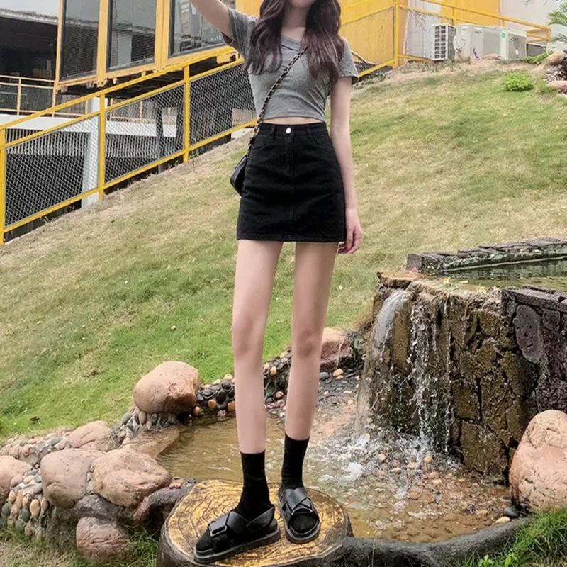 Black Denim Skirt Women's Small Summer High Waist Slimming Leg Long Word Hip Skirt Trendy