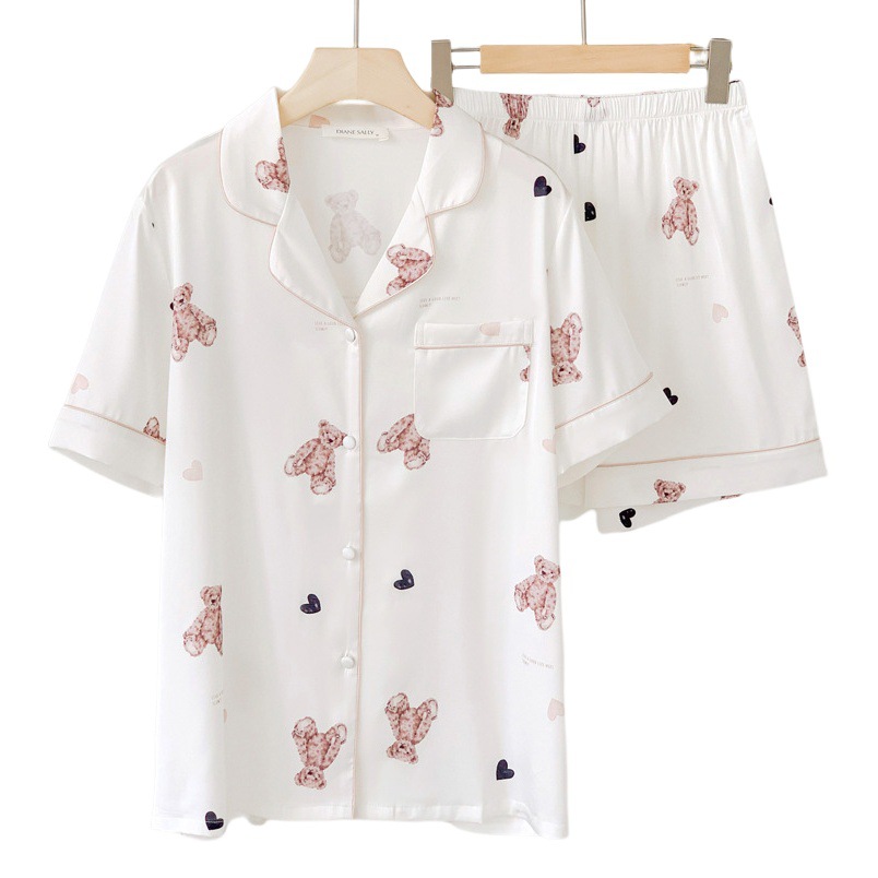 Customized Sweet and Cute Cartoon Bear Pajamas for Women Summer Ice Silk Short-Sleeved Shorts Thin Silk Casual Home Wear